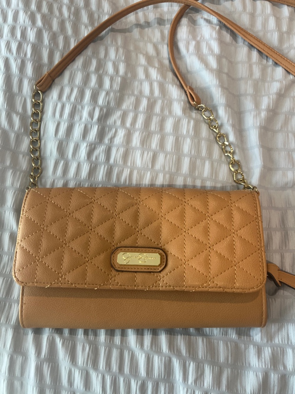 Jessica Simpson Quilted Tan Shoulder Purse with Gold Chain Accent